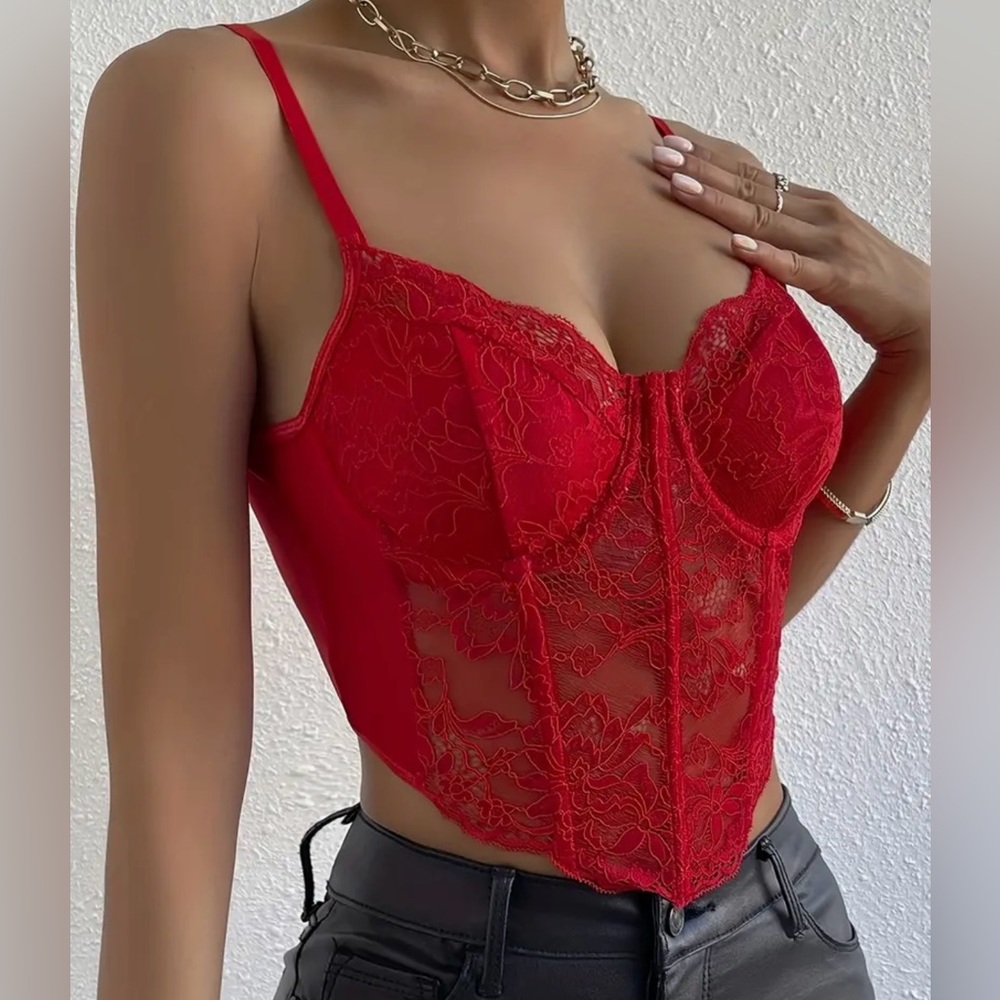 Red Lace Corset Sheer Crop Top Bralette - Picture 4 of 7